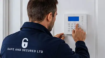 Safe and Secured engineer programming an intruder alarm control panel