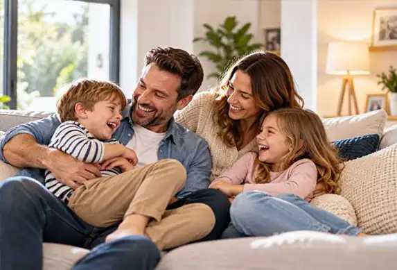 Happy family relaxing together at home