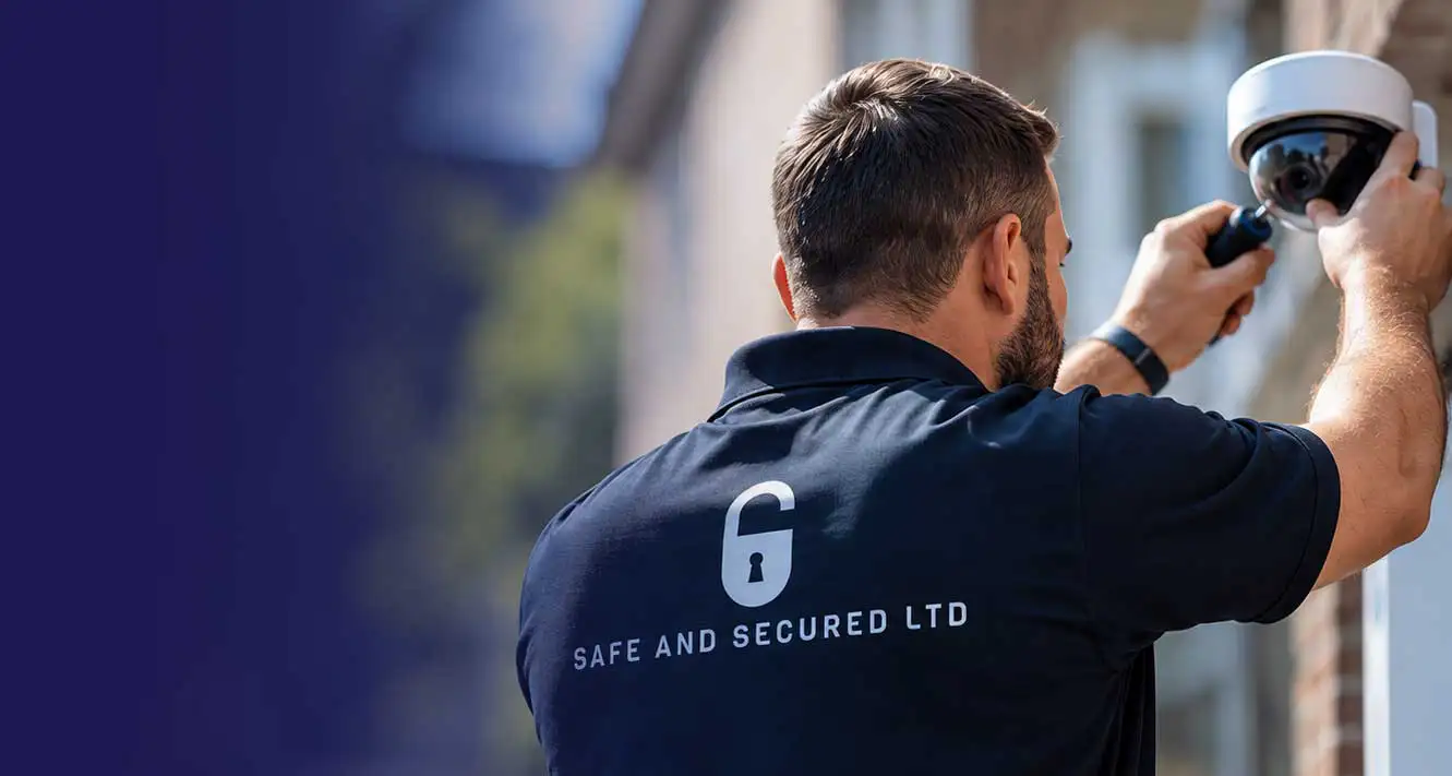 Safe and Secured engineer installing a CCTV security camera at a property