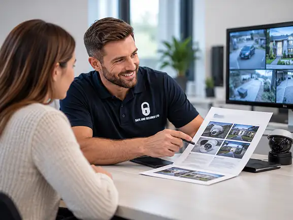 Safe and Secured engineer discussing CCTV security options with a customer