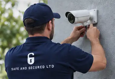 Safe and Secured engineer installing an outdoor CCTV security camera in London