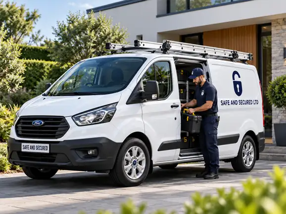 Safe and Secured engineer taking security equipment from a branded van outside a modern home